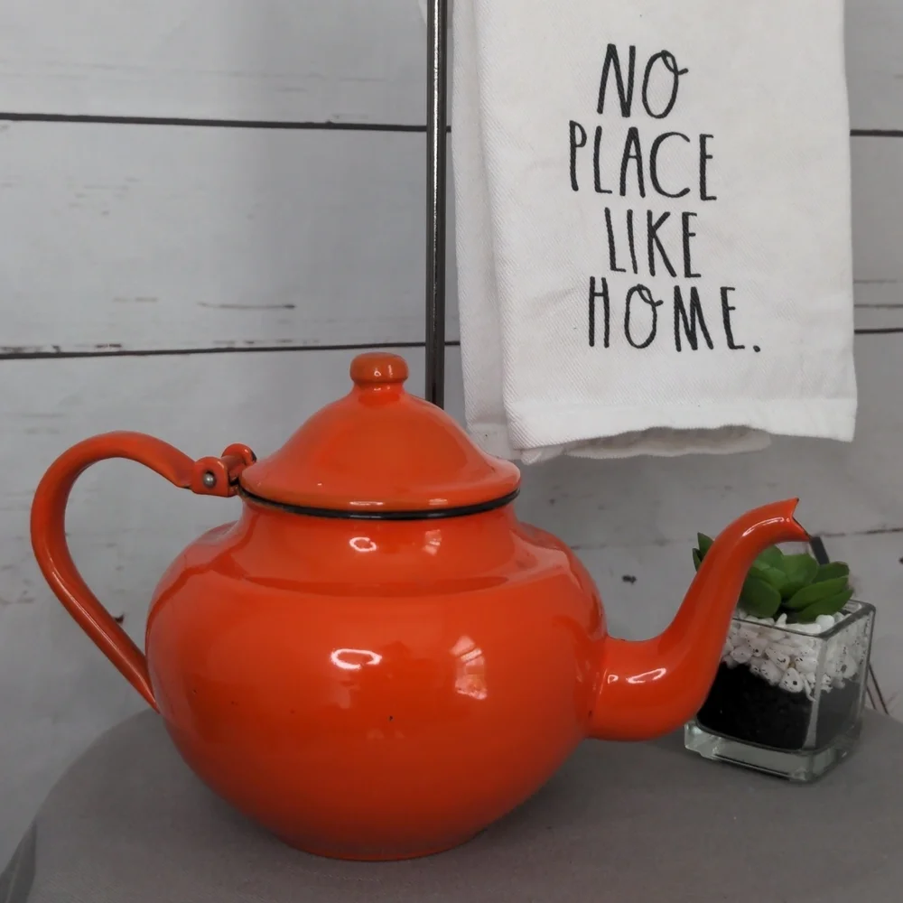 Orange Enamel Teapot, Vintage Enamel Tea Kettle,‎ Enamelware Tea Pot MCM